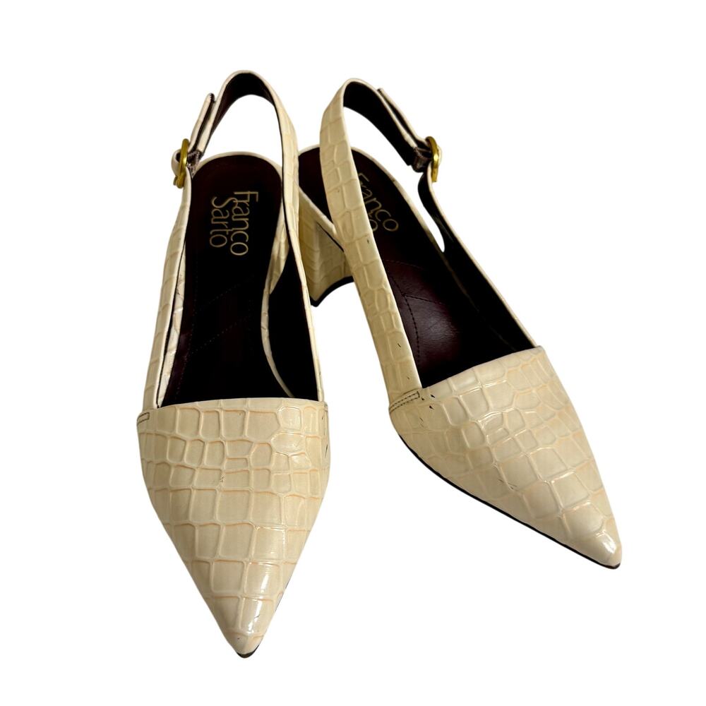 Franco Sarto Trista Cream Croc Embossed Block Heel Pumps Women’s 7 Slingback - Picture 3 of 10